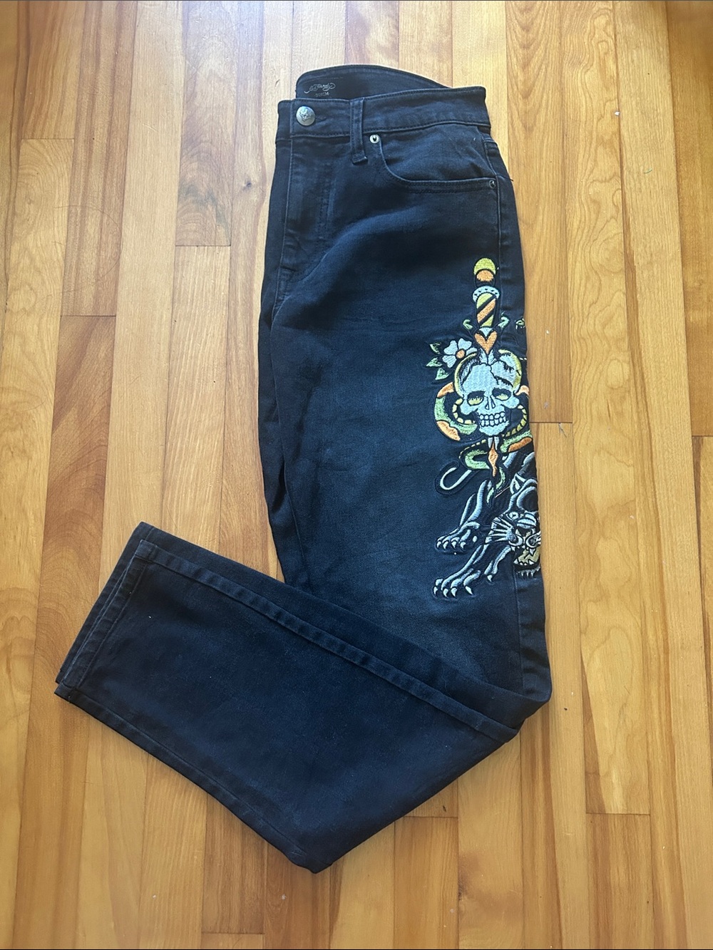 Ed Hardy Black Men's Jeans with Skull & Snake Embroidery